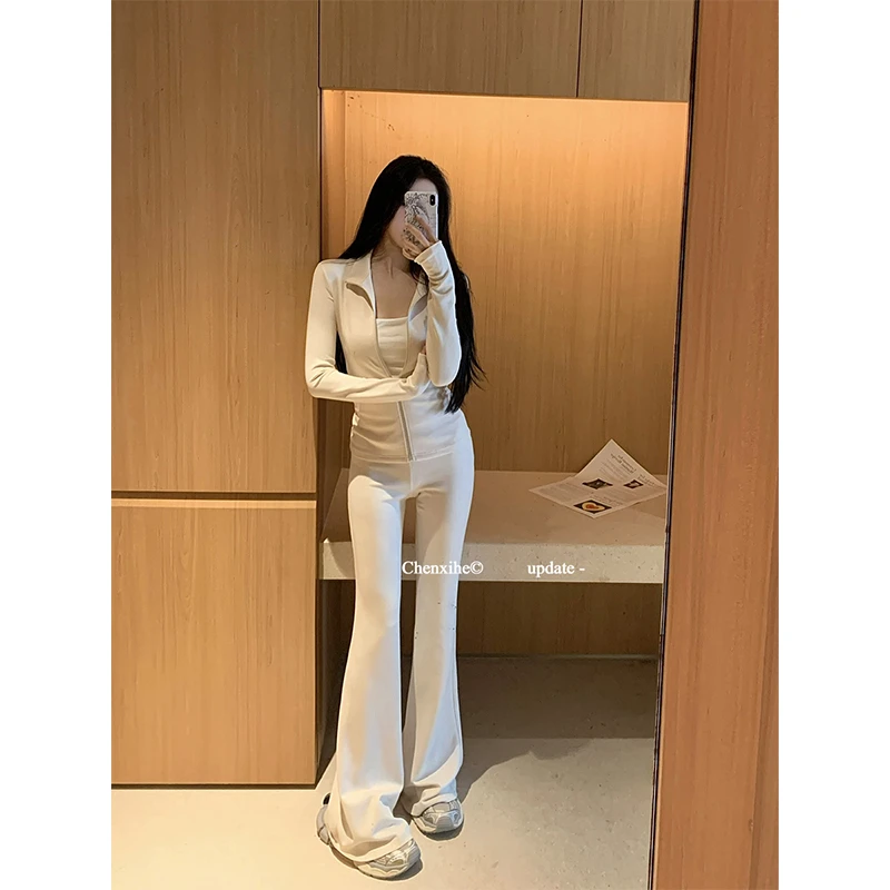 何晨曦 春夏穿搭上衣外套高腰微喇长裤子白色修身凉感套装T0752A