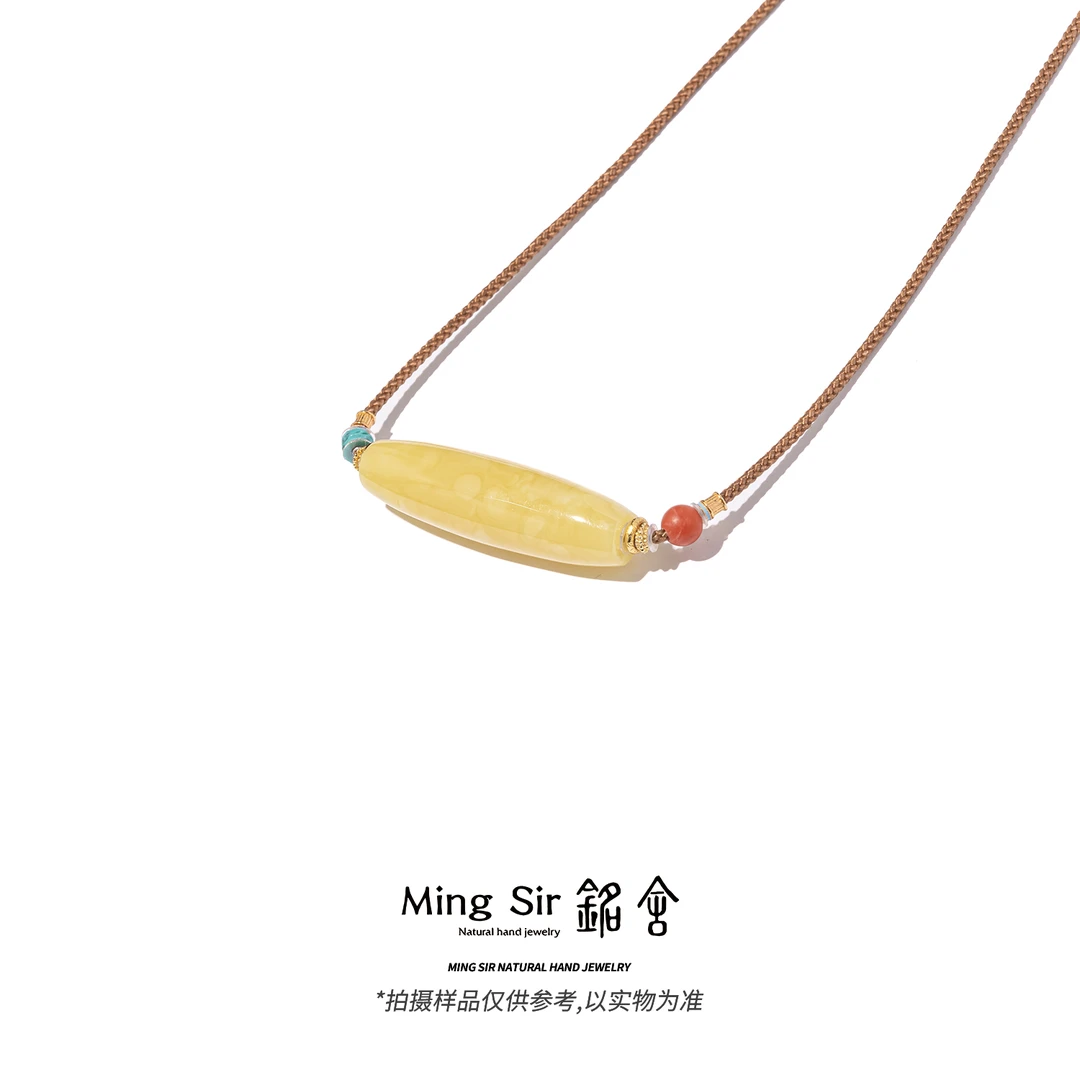 【铭舍 桶珠浓花高长款】天然俄料琥珀蜜蜡桶珠项链小克重吊坠国风
