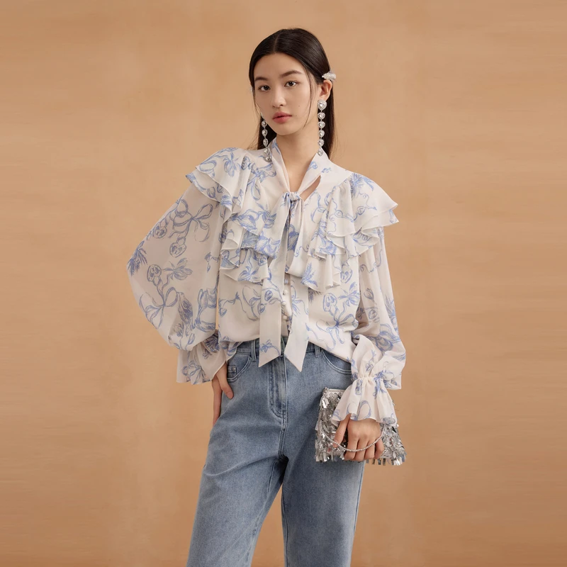 LIME/莱茵【都市主场】秋季秀场款花稿千金衬衫米白色LDGC8AWBL811