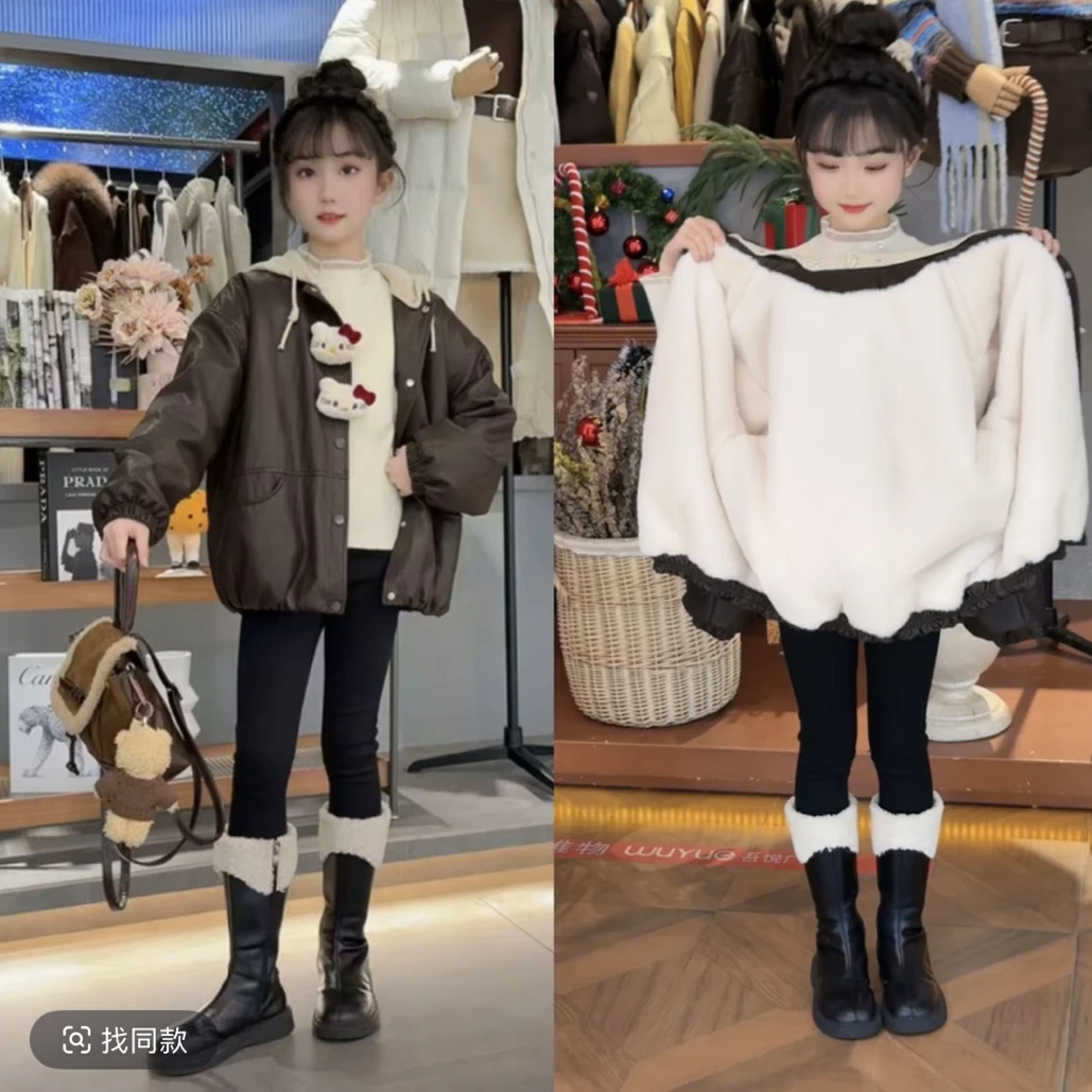 女童加绒加厚皮衣2026新款冬季女童甜美气质玩偶皮衣针织帽外套潮