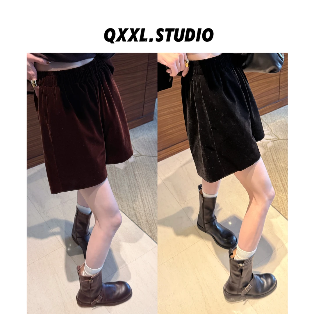 邱小小丽呀 秋季新款加厚高腰丝绒短裤女百搭韩系休闲A字阔腿裤