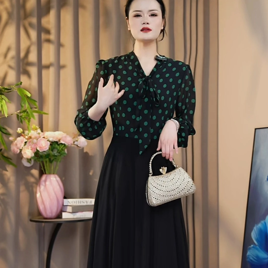 2025新秋款连衣裙修身显瘦绿波点拼拼接黑色裙摆款接250-a