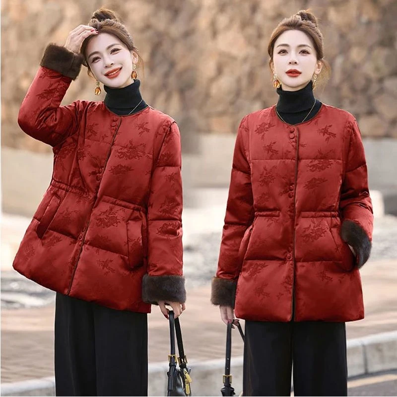 时尚复古新中式提花棉服外套女秋冬高级感别致收腰保暖加厚棉衣潮