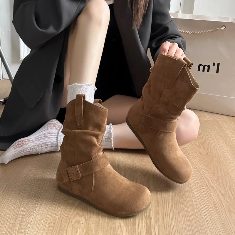 复古内增高堆堆勃肯短靴女2025秋冬新款薄绒厚底冬季加绒加厚皮靴
