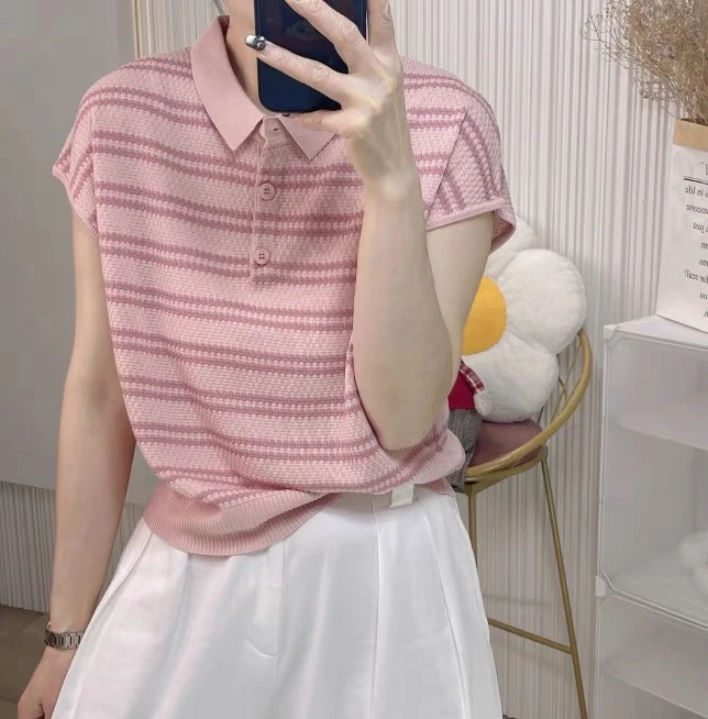 【条纹polo领】方领套头冰丝针织衫女短袖T恤宽松百搭时尚韩版减龄