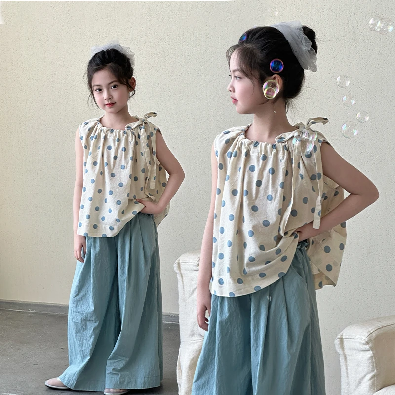 女童波点套装夏季2025新款女大童洋气吊带衫阔腿裤两件套甜美夏装