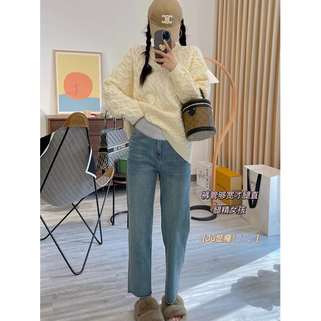 孕妇装蓝色裤子2024秋冬季新款外穿九分直筒裤加绒牛仔裤托腹长裤