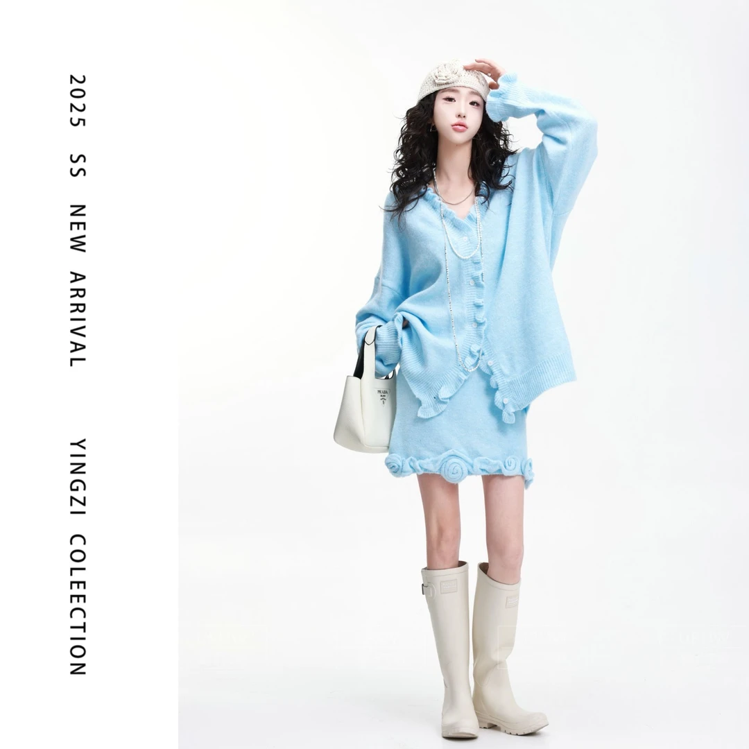 颖子定制【寻梦山茶】慵懒风宽松木耳边针织上衣休闲高腰短裙9795