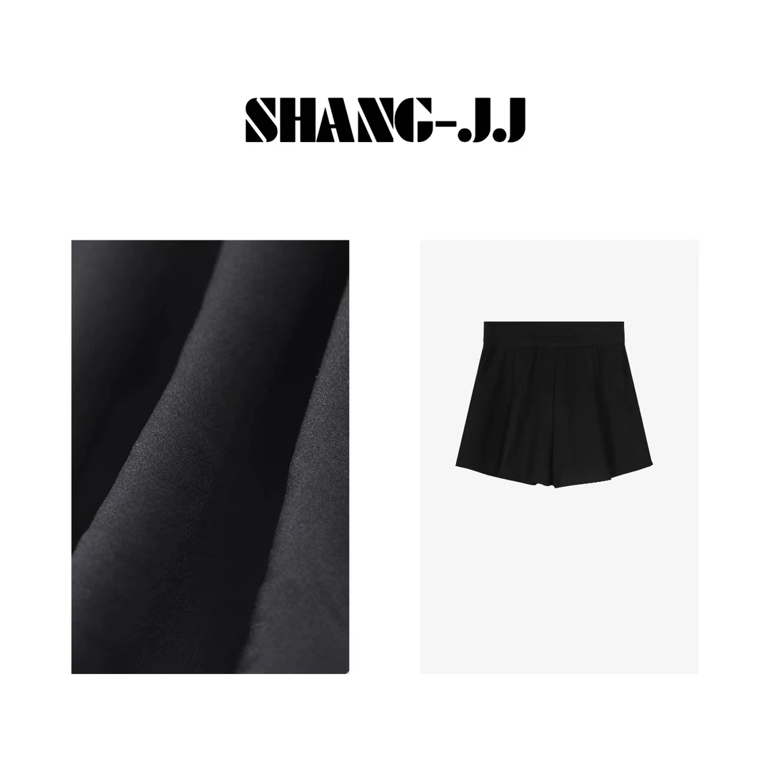 SHANG-JJ【盛夏】24新款时尚百搭阔腿黑色高腰显瘦短裤女q130780p