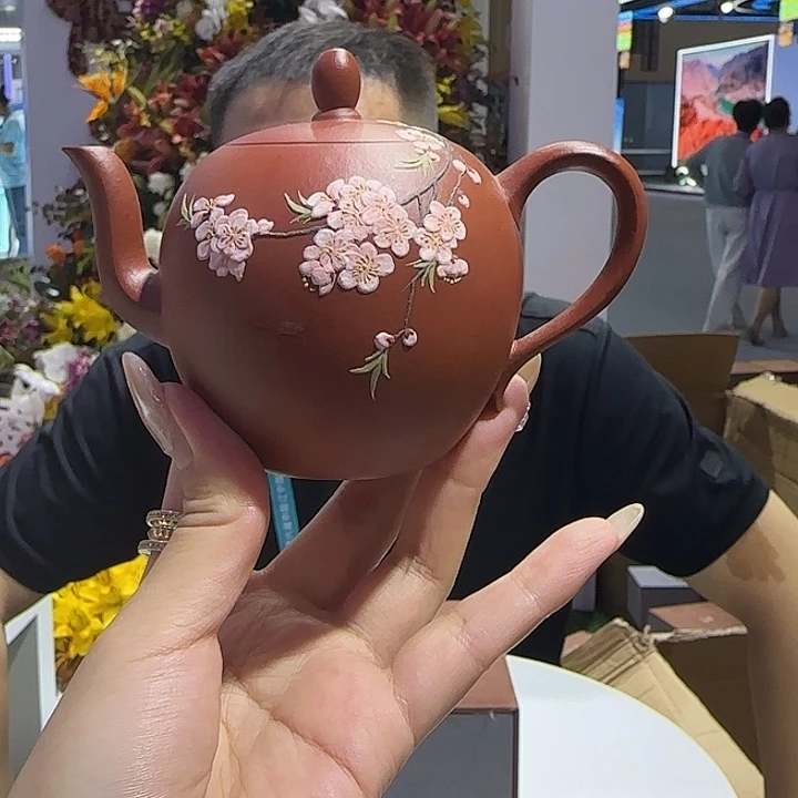 钮***宁紫砂茶杯全手朱泥 美人肩堆绘