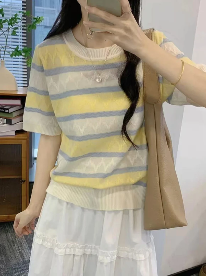 【A98】2025新款夏季时尚短款圆领套头百搭慵懒风薄款显瘦针织短袖