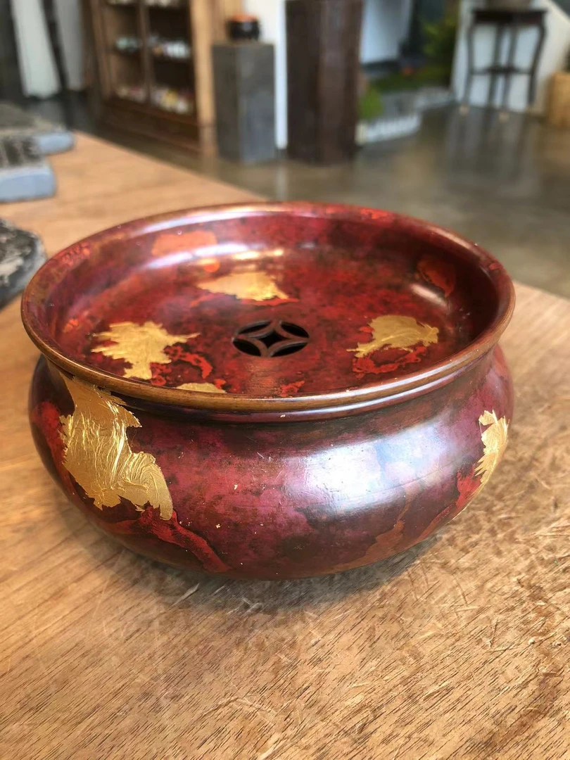 宽窄.紫铜红色金箔建水壶承茶道配件直径12cm高度7cm