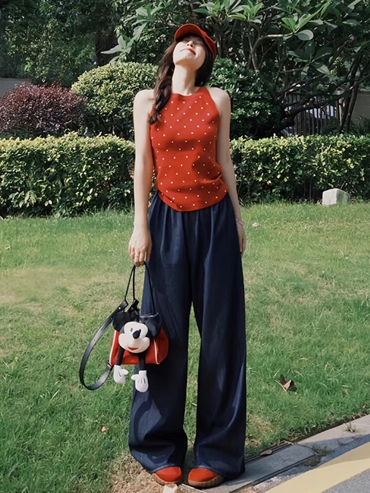 夏日多巴胺红色坎肩圆领修身波点T恤夏季拽姐无袖上衣阔腿裤套装