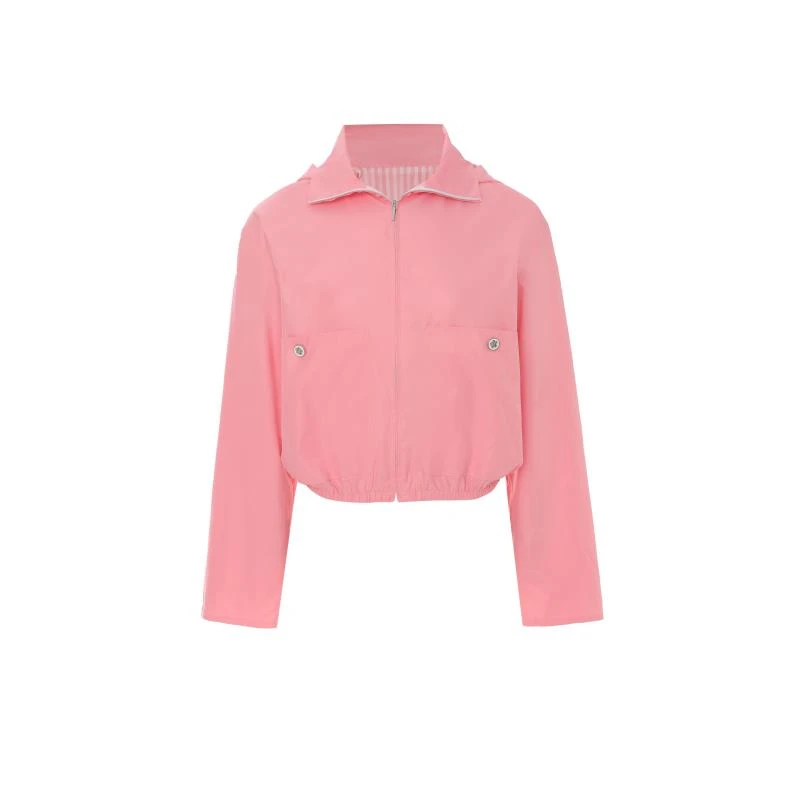 早秋新品撞色条纹连帽外套束腰显瘦连帽风衣防晒外套风衣短款0022