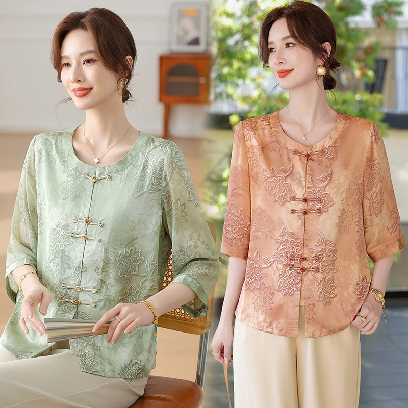 时尚妈妈夏装新中式国风中袖衬衫新款中老年女装夏季气质薄款上衣