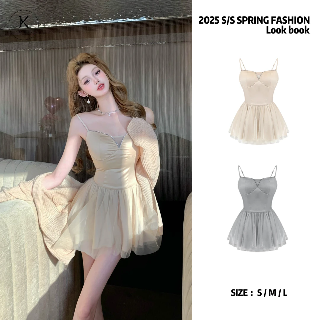 JOY KIKI金金【曼舞之夜】春季法式气质网纱拼接连衣裙 J25A104