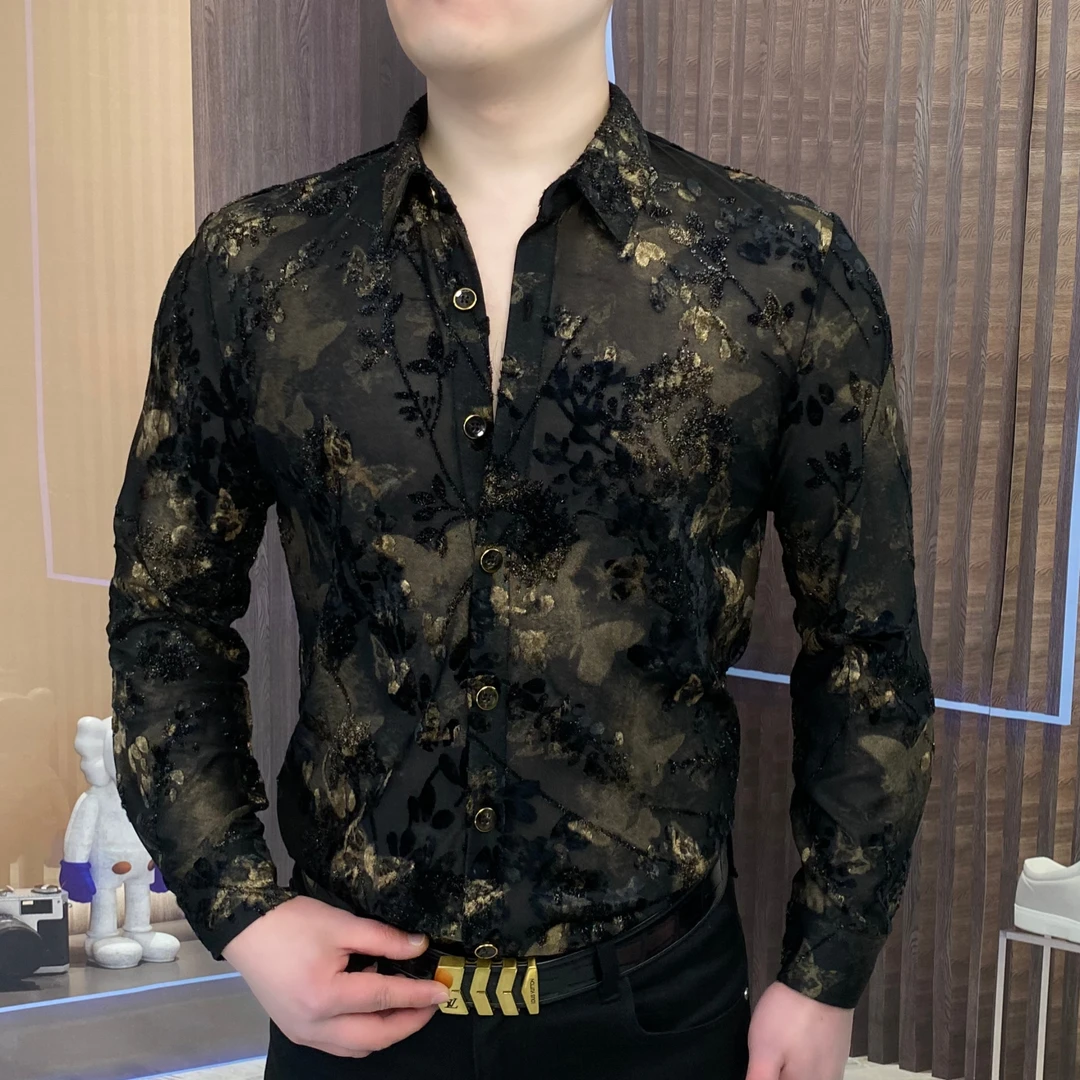 2025春秋衬衫黑金蝴蝶长袖衬衣男士时尚休闲潮流修身百搭帅气