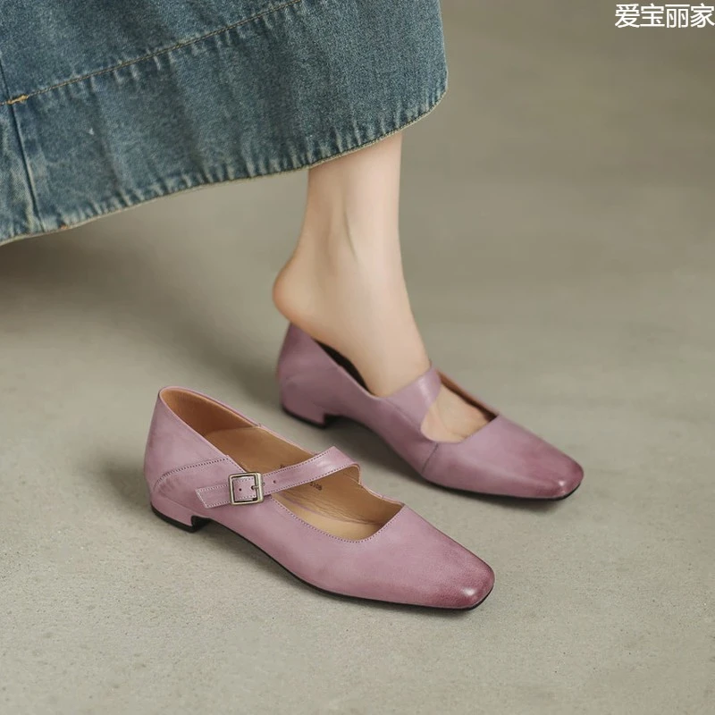 巨好看~手工真皮头层牛皮单鞋女低跟平底紫色粉色一字带百搭40码