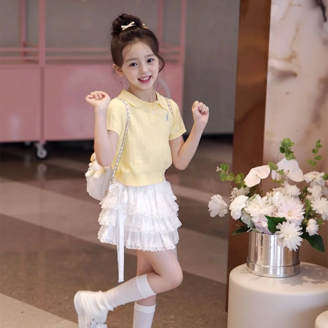 女童POLO领套装夏季2025新款韩系中大童针织短袖百搭蛋糕裙两件套