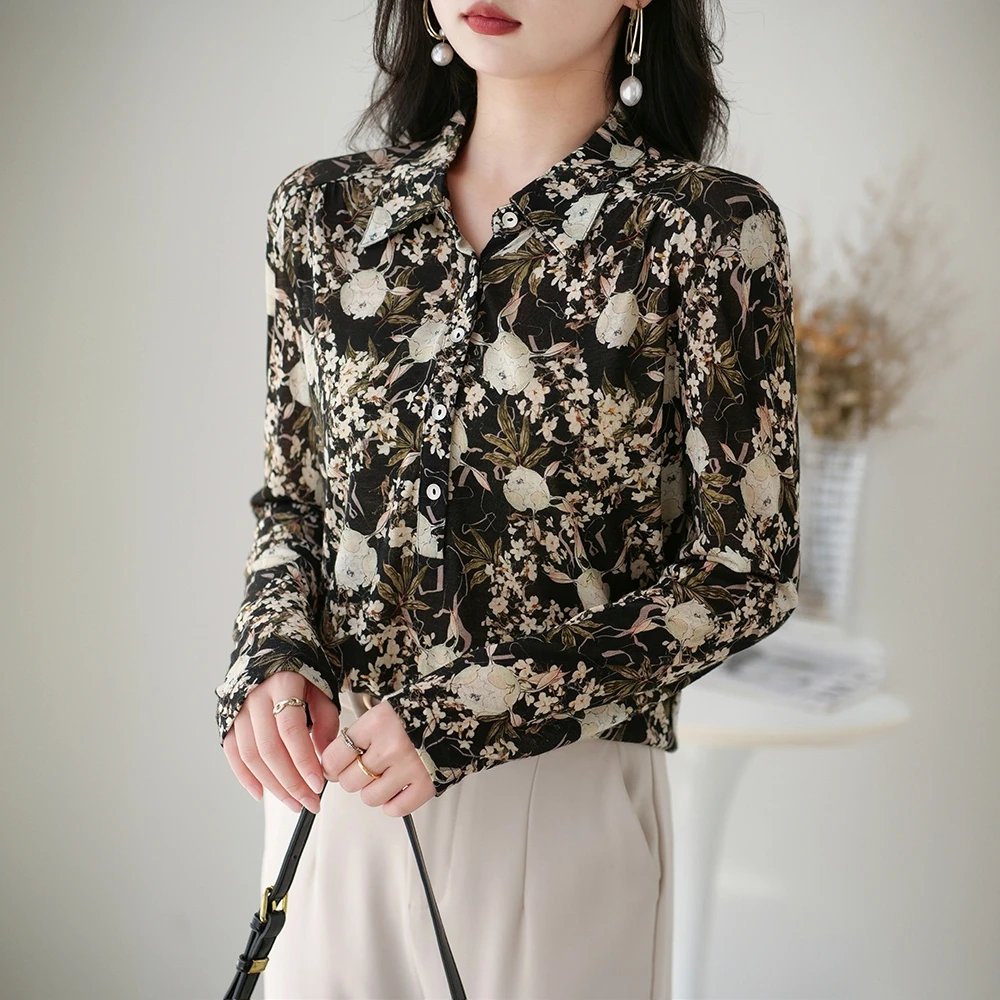 2024超细羊毛印花毛衣打底衫女秋季薄款长袖精纺羊毛衫翻领针织衫