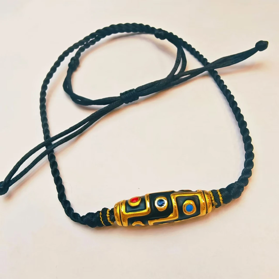 83#足金999黄金 珐琅彩5D硬金工艺 横版九眼珠珠黑绳编织