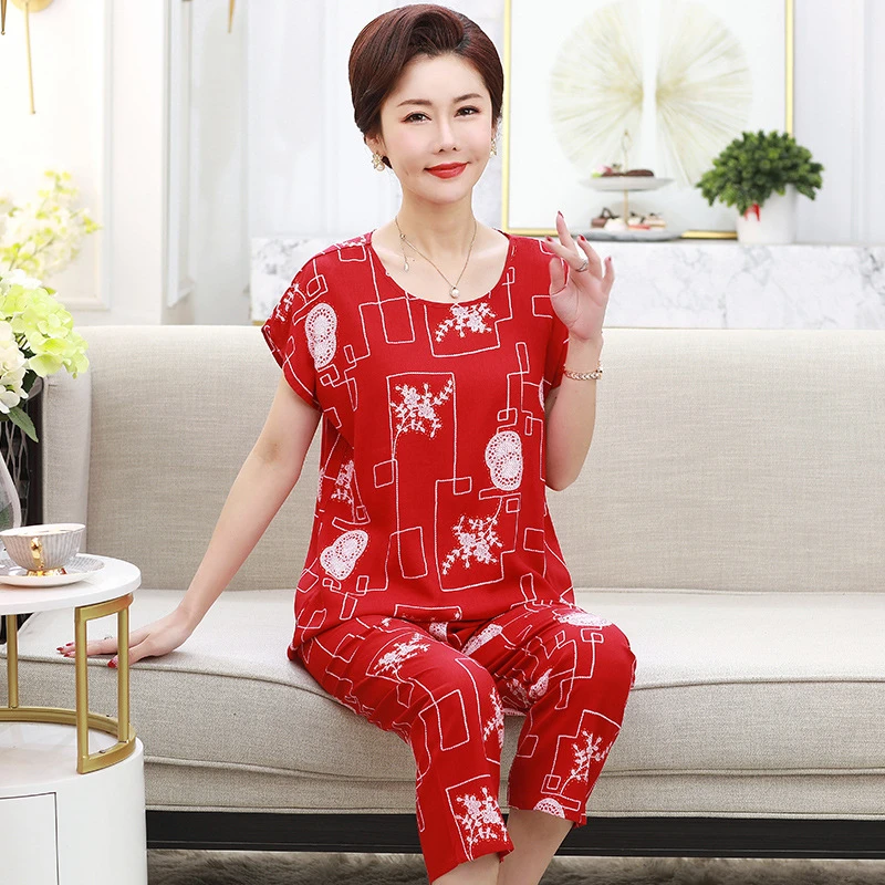 妈妈夏季休闲套装中老年女装凉爽短袖奶奶夏装两件套宽松大码衣服