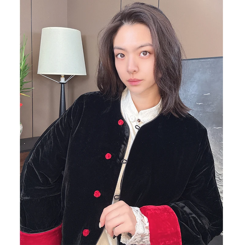 欧韩童话冬装丝绒挽袖棉服外套新中式气质复古夹棉上衣棉衣