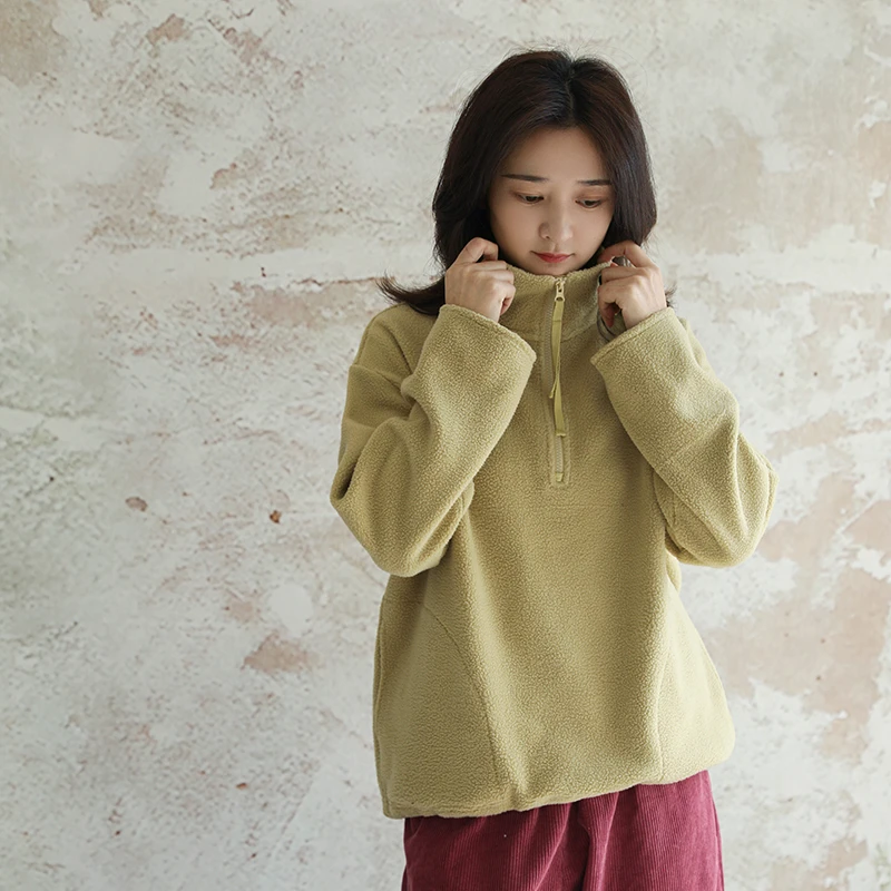 尘染·羊毛感摇粒绒·高领卫衣女2025新款慵懒套头衫半拉链上衣