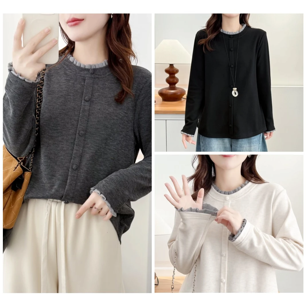 120-200斤大码女装胖妹妹冬季显瘦加厚保暖花边长袖T恤内搭打底衫