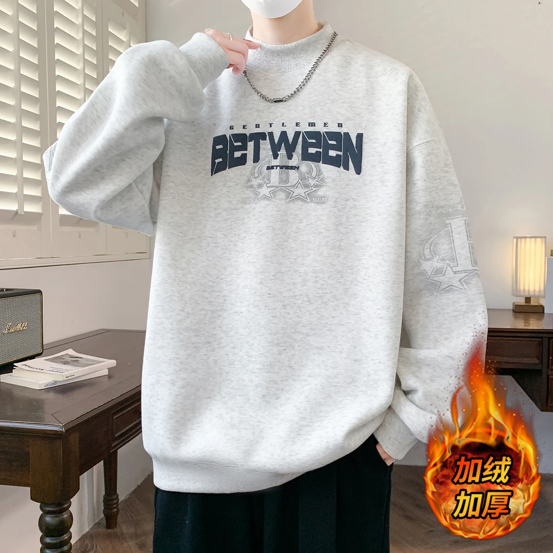 加绒加厚卫衣男秋冬季半高领保暖打底衫男内搭上衣美式印花体恤衫