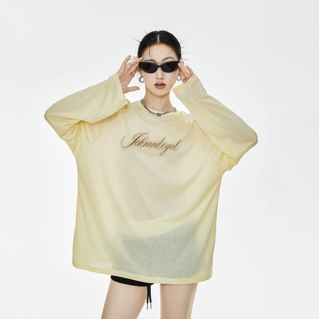 ICHMODE物理防晒凉感罩衫美式长袖T恤女2025年夏季宽松上衣慵懒风