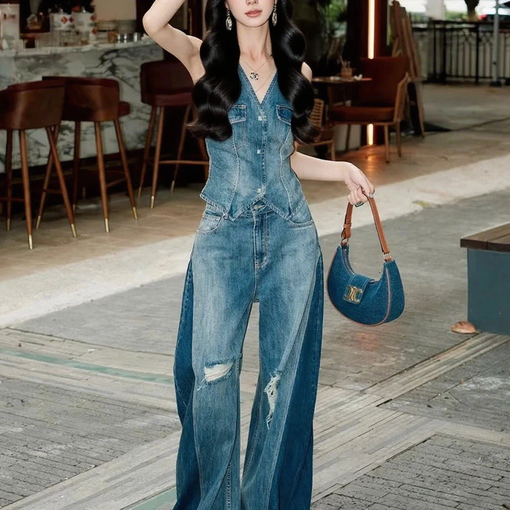 2025夏季爆款气质套装女高级感牛休闲时尚仔马甲破洞阔腿裤两件套