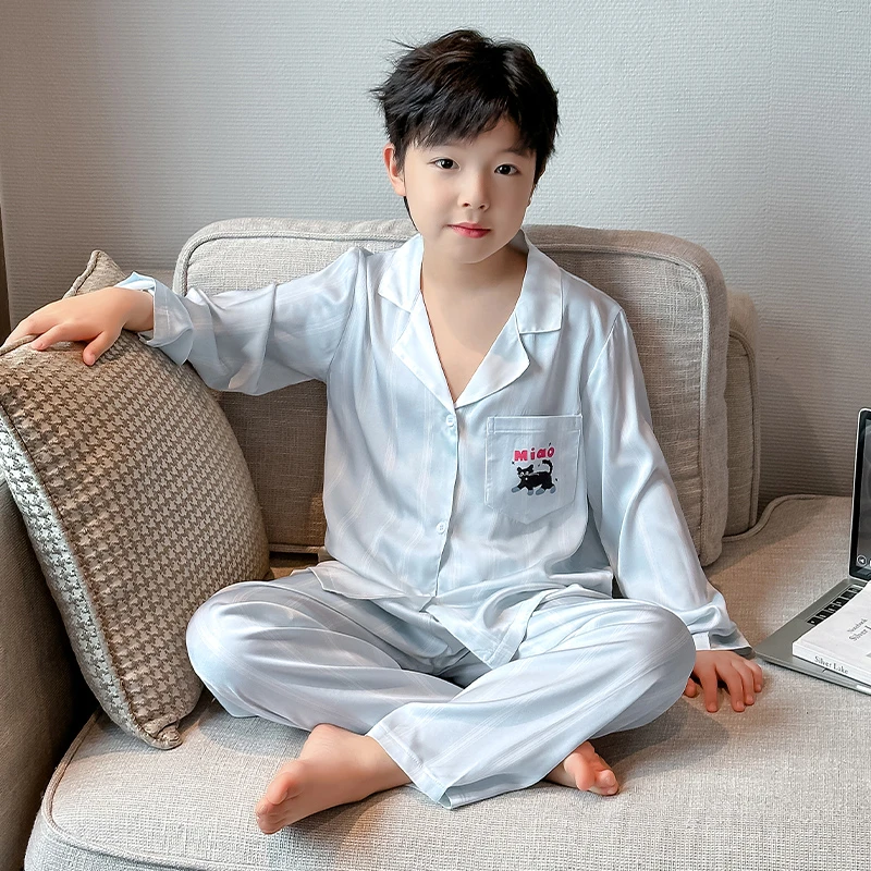 男童春装冰丝睡衣2025新款儿童春秋款大童长袖春季男孩薄款家居服