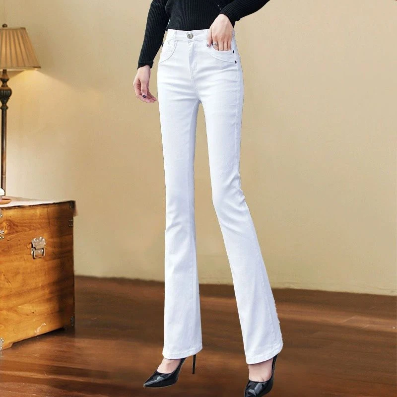 白色微喇牛仔裤女秋冬加绒2025加厚高腰弹力显瘦大码喇叭裤子