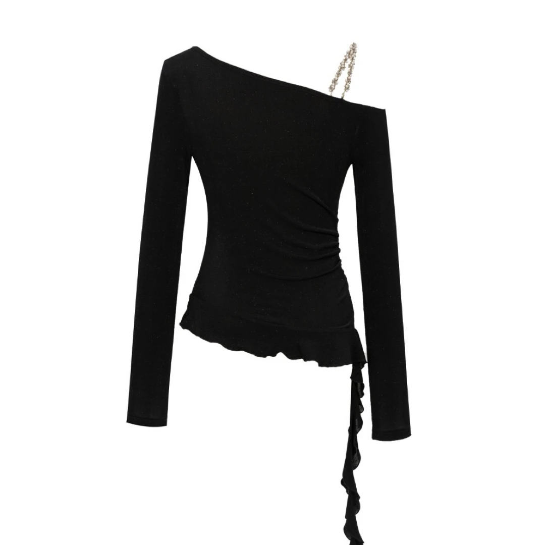 【Three Quarters】25AW  黑色醋酸单肩钻链条不规则荷叶下摆上衣