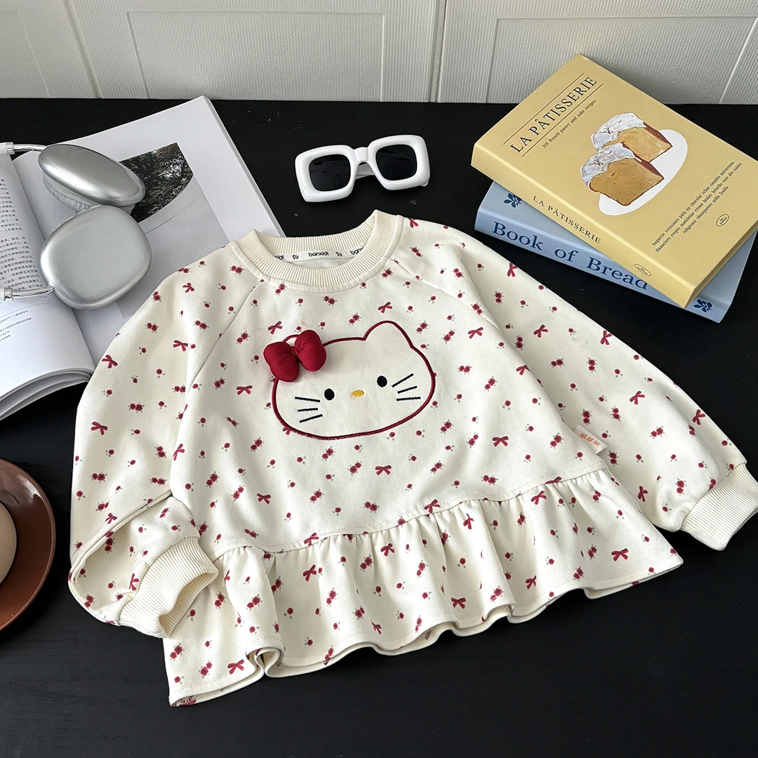2025新款女童春秋可爱甜美时尚韩版洋气满印碎花儿童猫咪图案卫衣