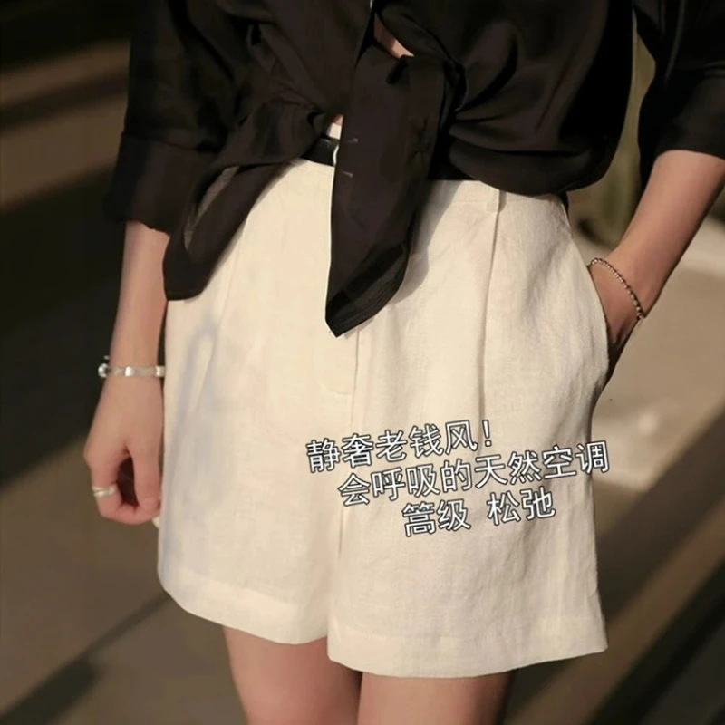 老钱风白色a字亚麻阔腿短裤女夏季高级感薄款休闲裤宽松运动热裤
