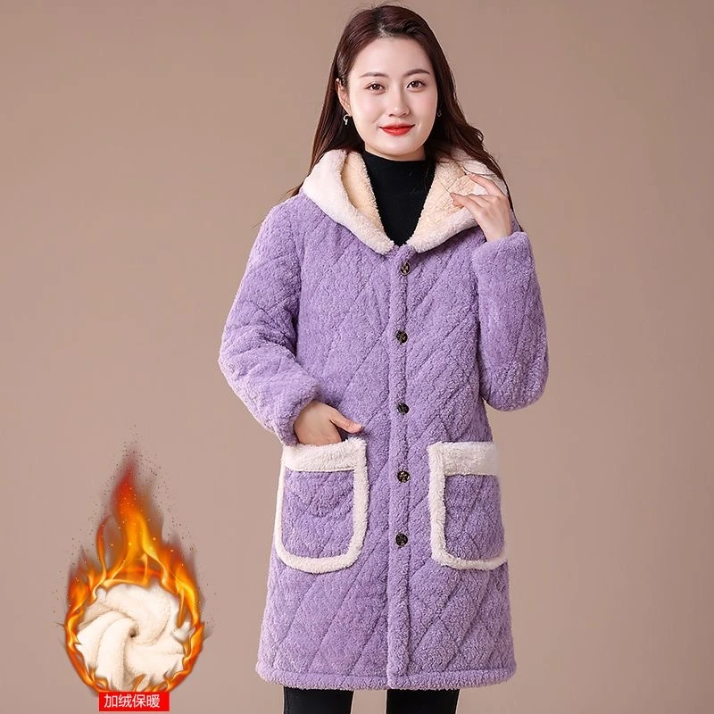 新款时尚加绒加厚中长款连帽棉衣外套棉罩衣棉袄