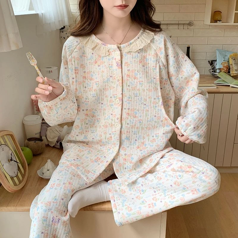 月子服空气棉春秋冬季产后保暖夹层夹棉哺乳喂奶孕妇睡衣吸汗新款