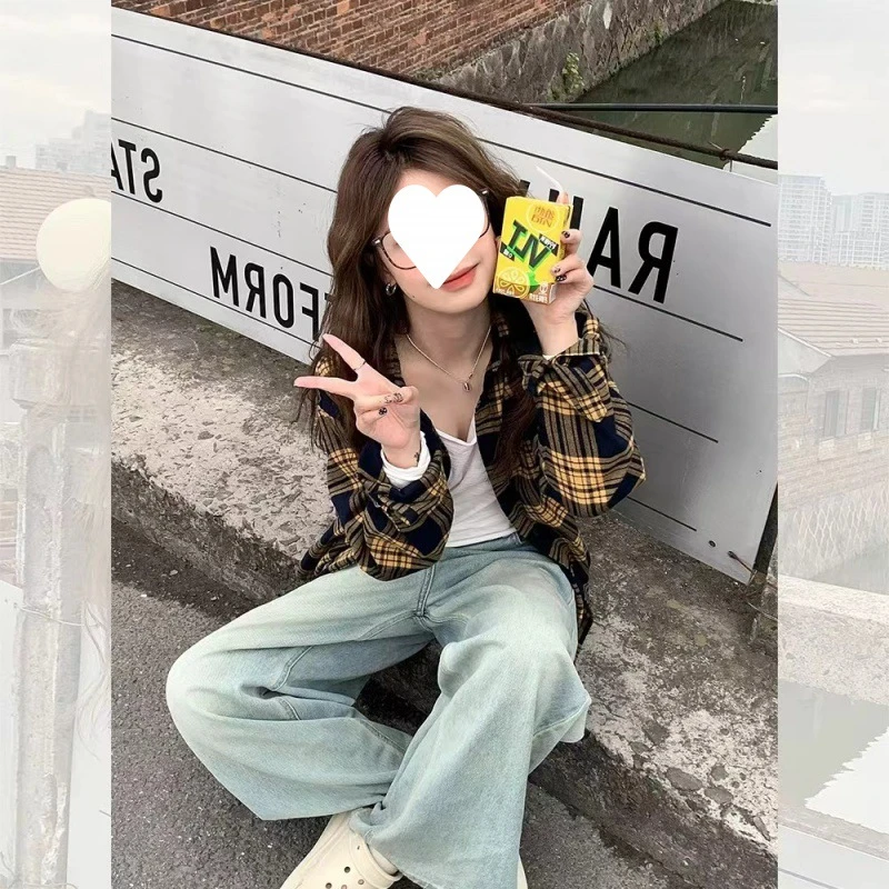 港风复古chic格子衬衫女春秋冬季高级设计感美式潮牌小众上衣外套