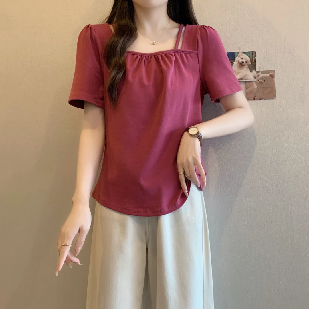 2025夏装新款胖mm大码方领褶皱设计感短袖t恤女正肩显瘦气质上衣