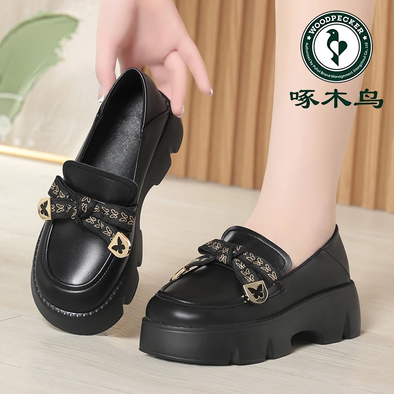 啄木鸟厚底小皮鞋女春秋女鞋一脚蹬软底舒适深口单鞋蝴蝶结乐福鞋