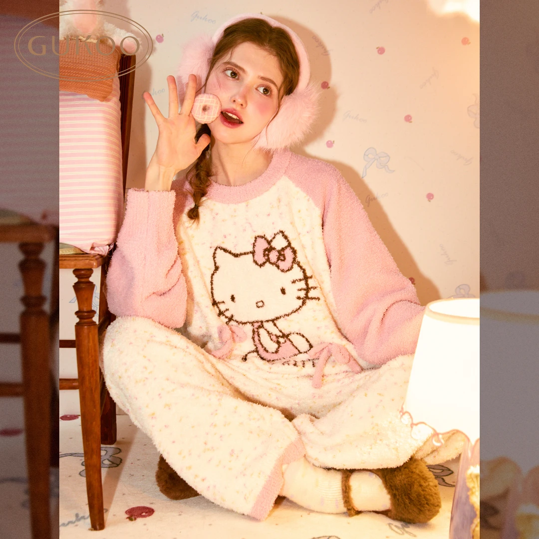 Gukoo/果壳HelloKitty粉色雪尼尔睡衣女家居服套装甜美秋冬可外穿