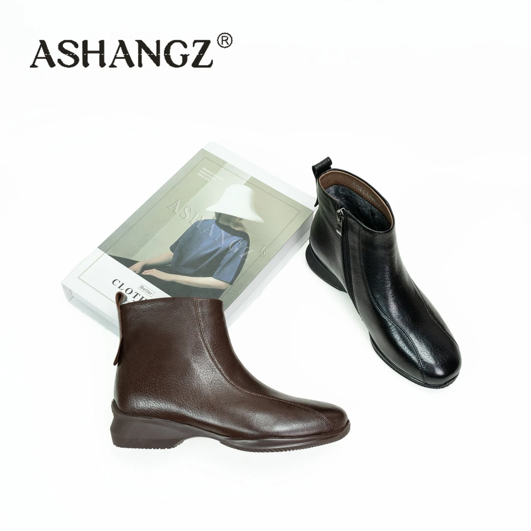 [艾尚周]3CM低跟方头秋冬时装靴女鞋休闲百搭真皮复古粗跟舒适