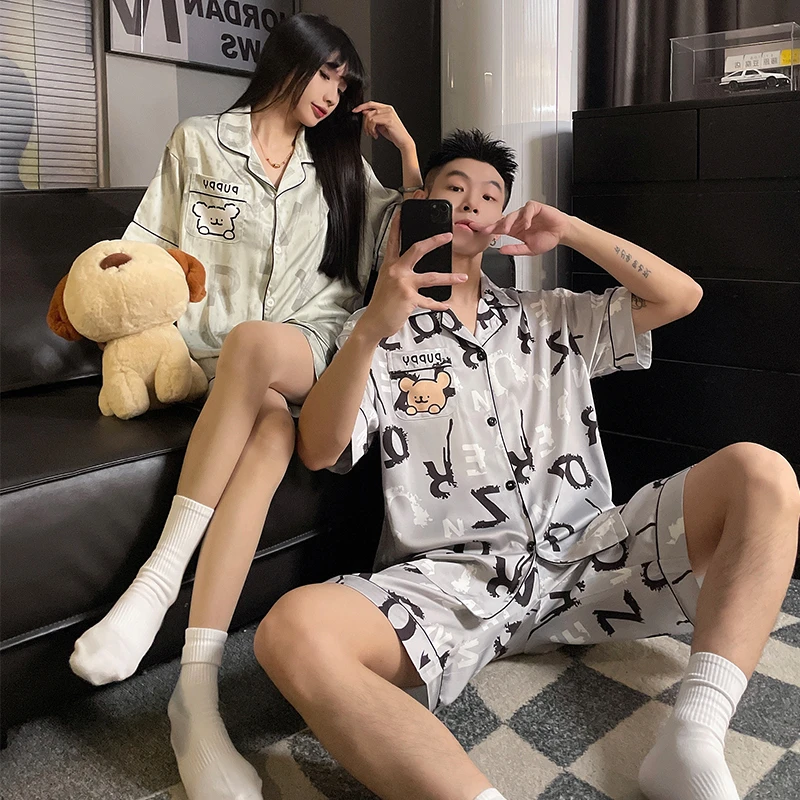 睡衣女夏季冰丝情侣卡通可爱凉感大码宽松短袖短裤开衫家居服套装