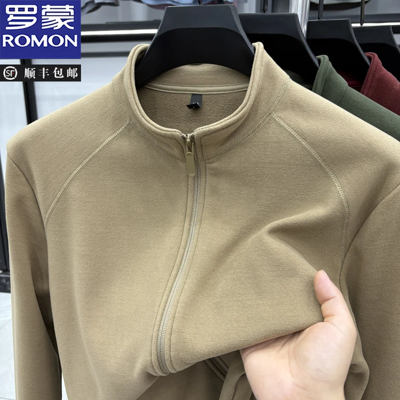 罗蒙【山羊绒+桑蚕丝】男双面德绒卫衣开衫秋冬纯色半拉链立领外套