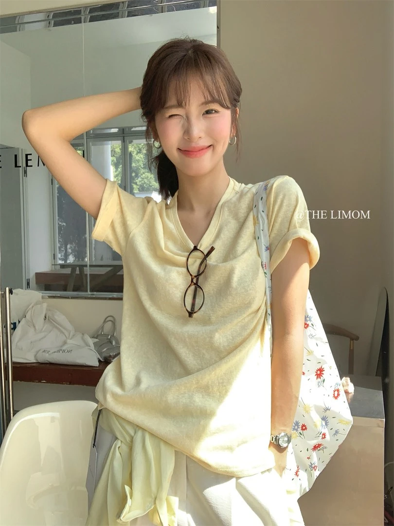 多巴胺黄色正肩圆领短袖T恤女夏季韩系慵懒风松弛感休闲薄款上衣