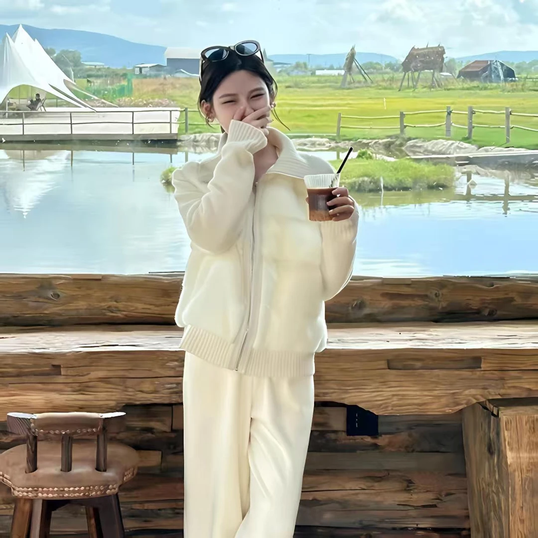 小香风白色针织拼接棉服短款女2025冬季新款法式加厚保暖棉衣外套