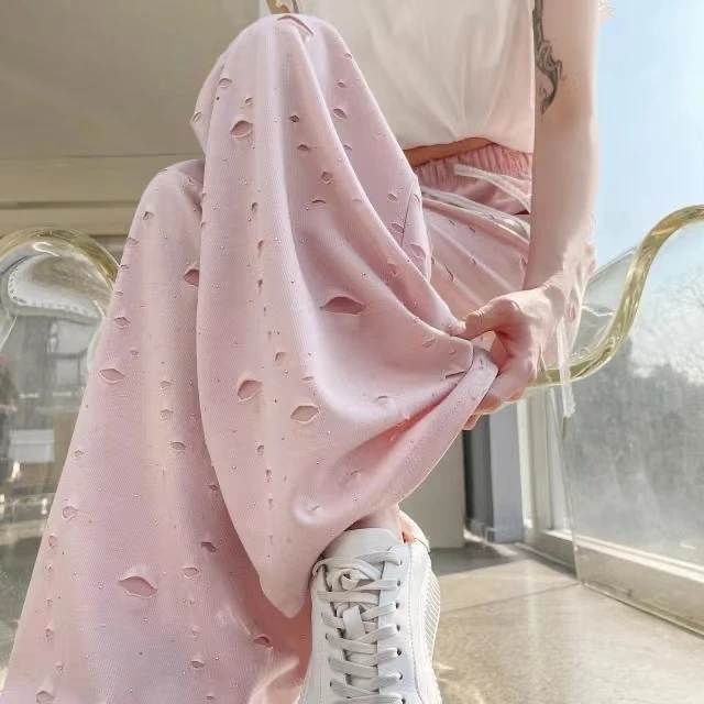 高级感长裤夏季破洞烫钻直筒女裤甜辣妹百搭显瘦休闲风高腰山本裤