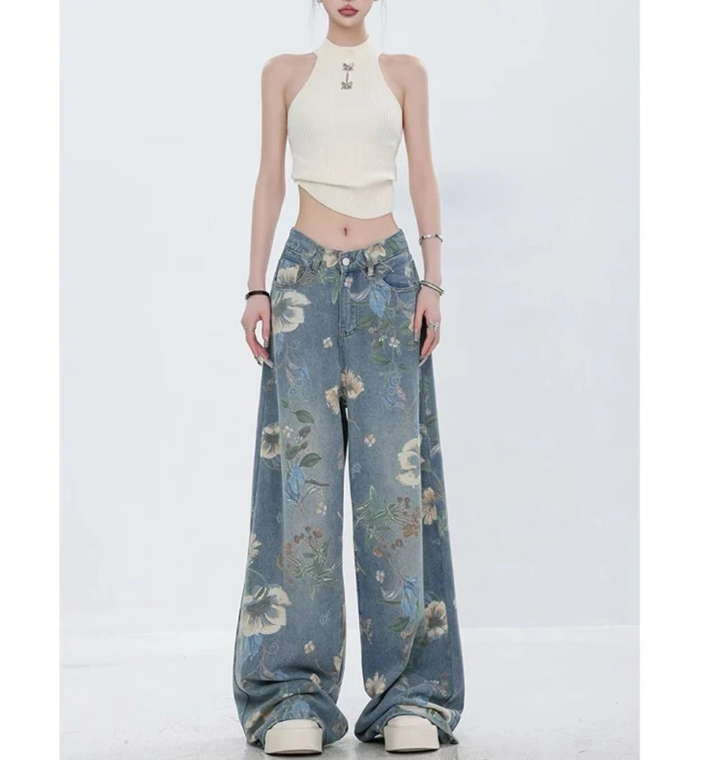 2025年夏季新款韩系温柔风优雅花卉提花高级感洋气百搭牛仔裤女